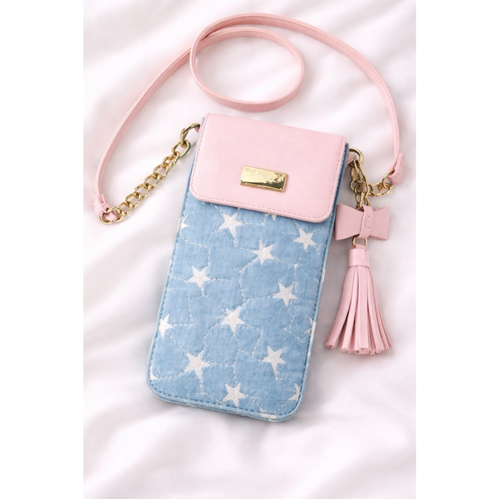 💖 Pink & Denim Star Phone Crossbody Bag | Tassel Mini Purse Cute Everyday
